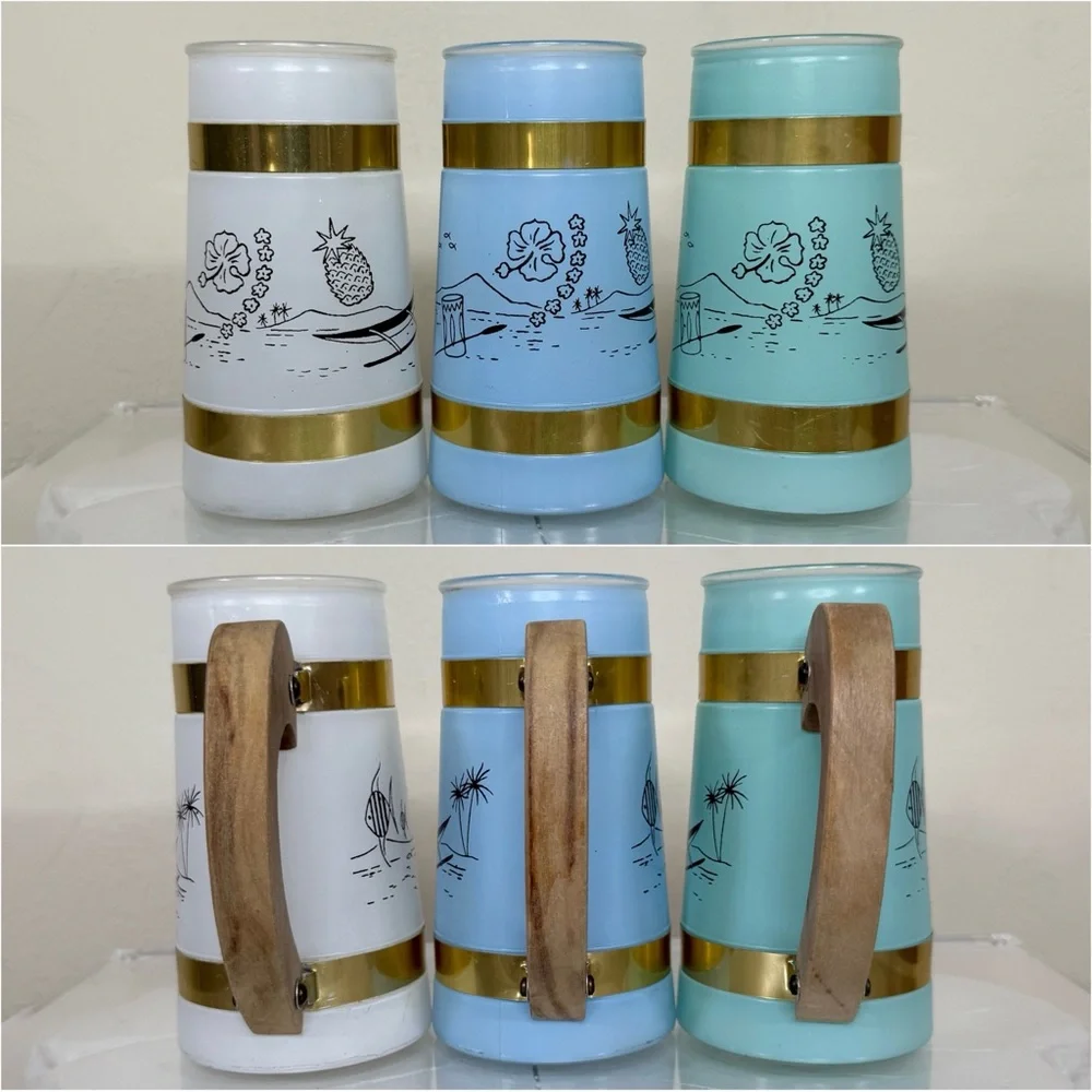 Vintage Siesta Ware Set of 6 Hawaiian Tiki Mugs & Wood Outrigger Canoe Carrier
